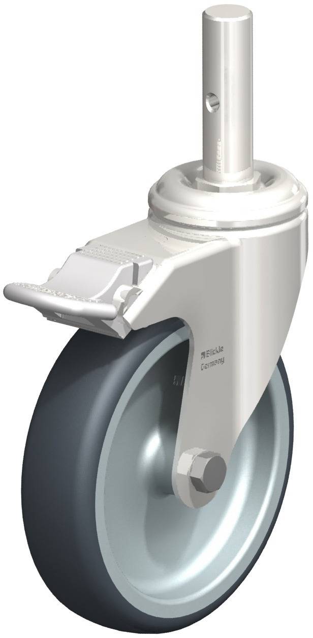 Industrielle Schwenkrolle mit grauem Rad und weißem Gehäuse, geeignet für schwere Lasten.