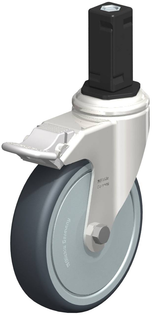 Schwenkrolle mit grauem Rad und Feststellbremse, geeignet für industrielle Anwendungen, montiert an einem schwarzen Kunststoffgehäuse.