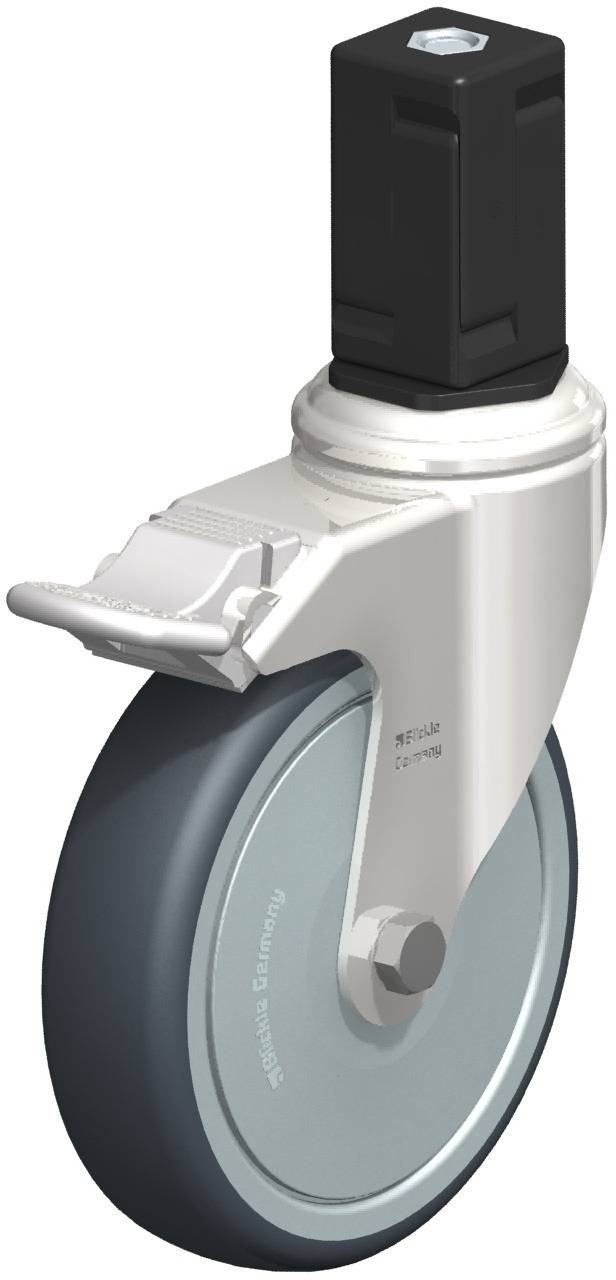 Industrie-Schwenkrolle mit grauem Gummirad und schwarzem, rechteckigem Anschluss.