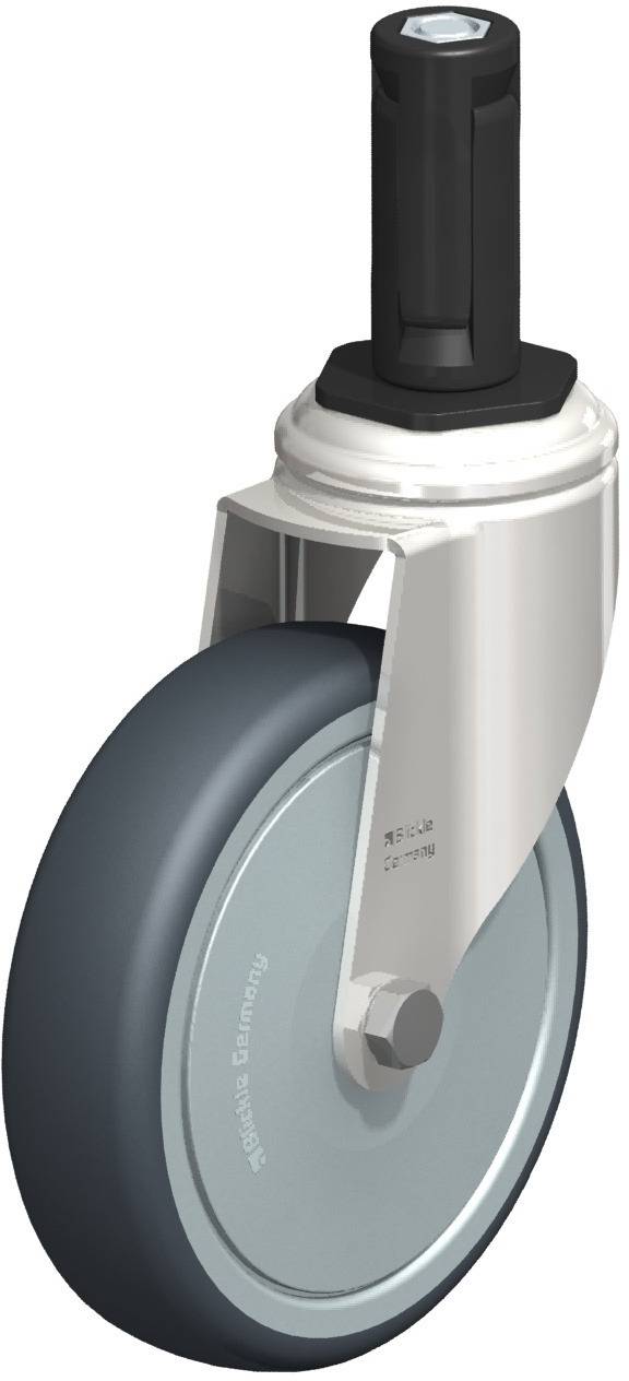 Industrie-Rolle aus Metall und Gummi mit schwarzer Befestigung. Geeignet für schwere Belastungen und reibungslose Mobilität.