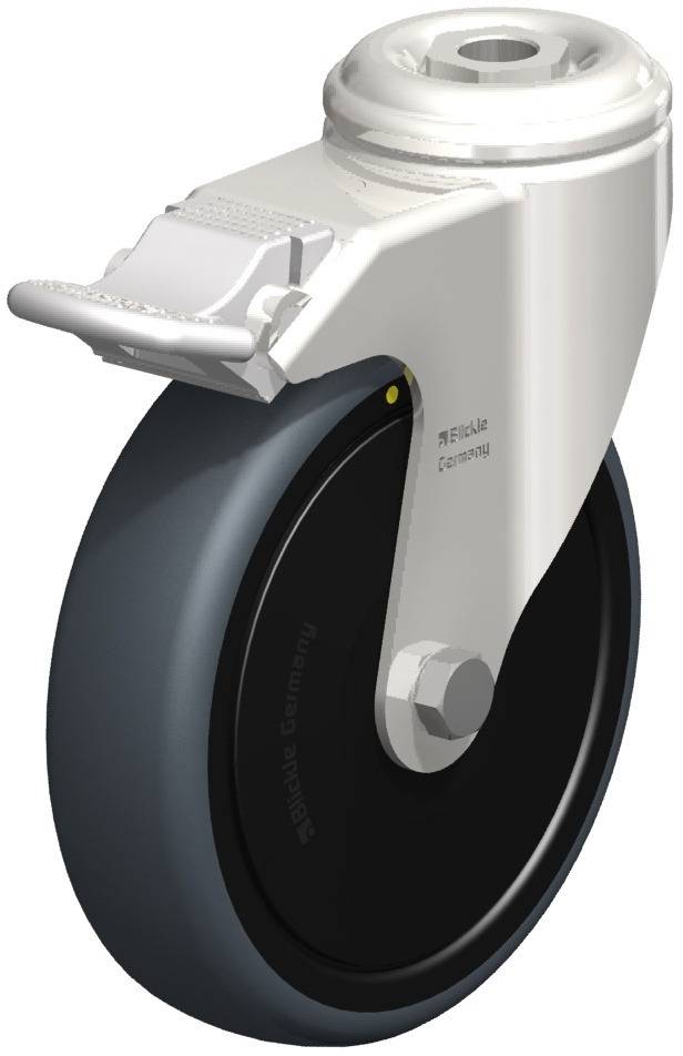 Schwenkrolle mit grauer Gummibereifung und weißem Gehäuse, oben ein Montagedetail. Geeignet für Industrieanwendungen.