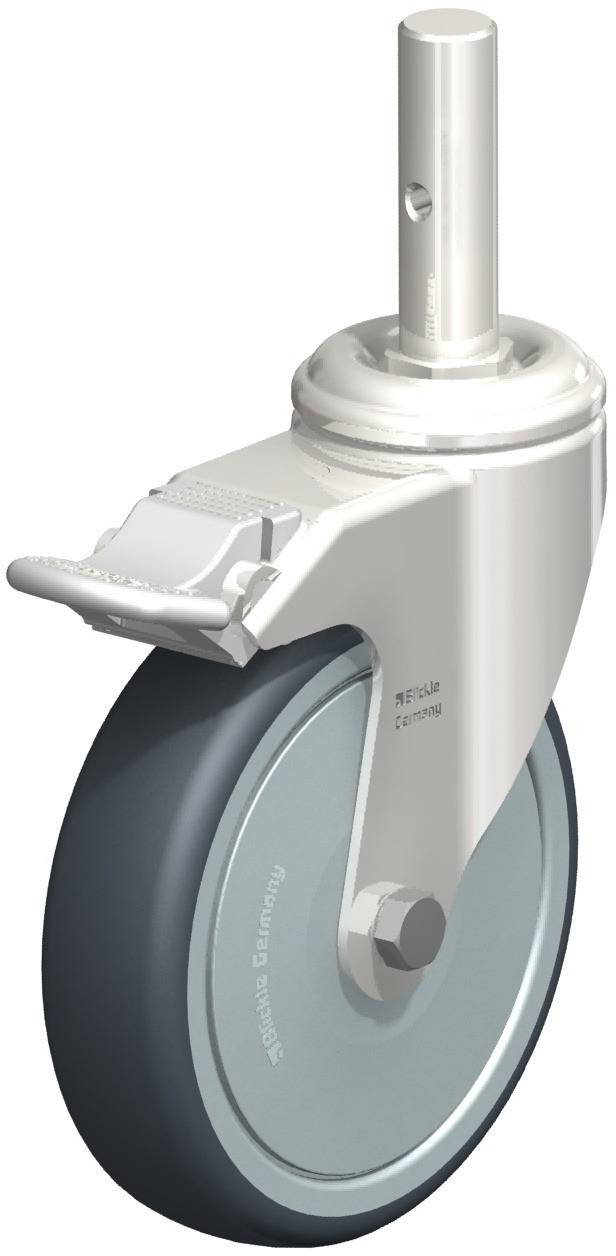 Spezielles Rad mit grauem Reifen und Metallhalterung, geeignet für industrielle Anwendungen oder Möbel, mit einem Drehmechanismus.