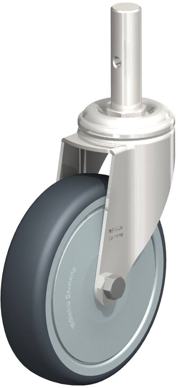 Metallrolle mit grauem Rad und Stift oben. Verwendet für Beweglichkeit an Möbeln oder Geräten.