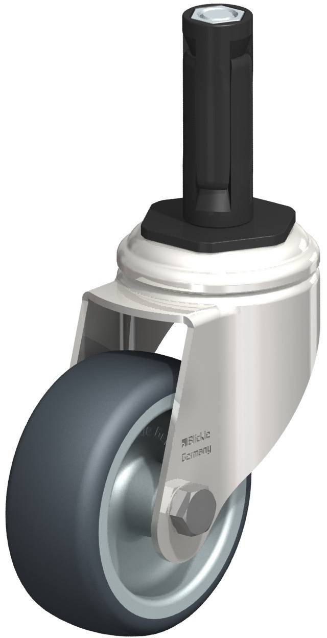 Metallrolle mit grauem Rad und schwarzer Halterung; geeignet für Möbel oder Transportgeräte.