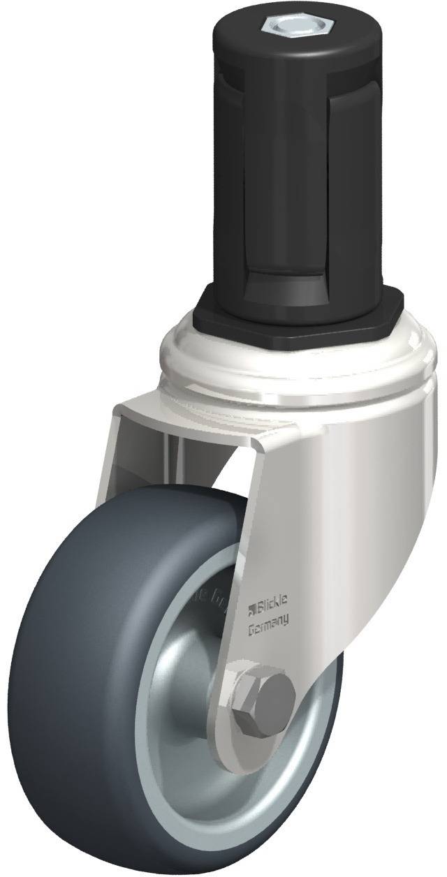 Industrie-Doppelrollenlenkrolle mit grauem Gummirad und schwarzer Halterung, geeignet für Maschinen oder Transportgeräte.