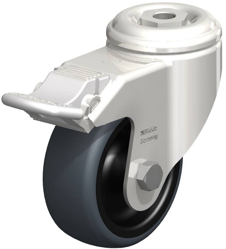 Schwenkrolle mit Bremse, weiße Halterung, schwarzes Rad. Geeignet für Büromöbel oder Transportwagen.