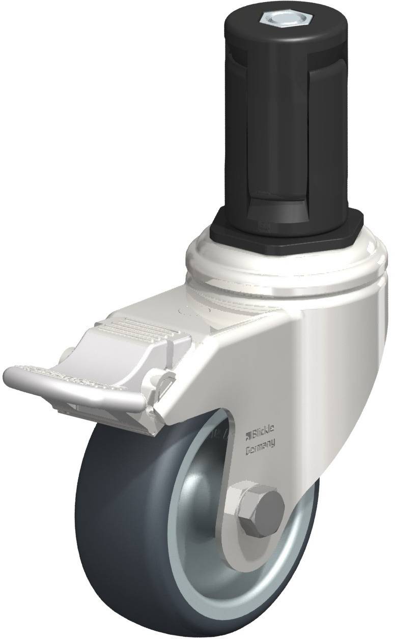 Schwarzes Rollengehäuse auf silbernem Rad mit Schraubaufsatz, geeignet für industrielle Anwendungen, bietet robuste und flexible Mobilität.