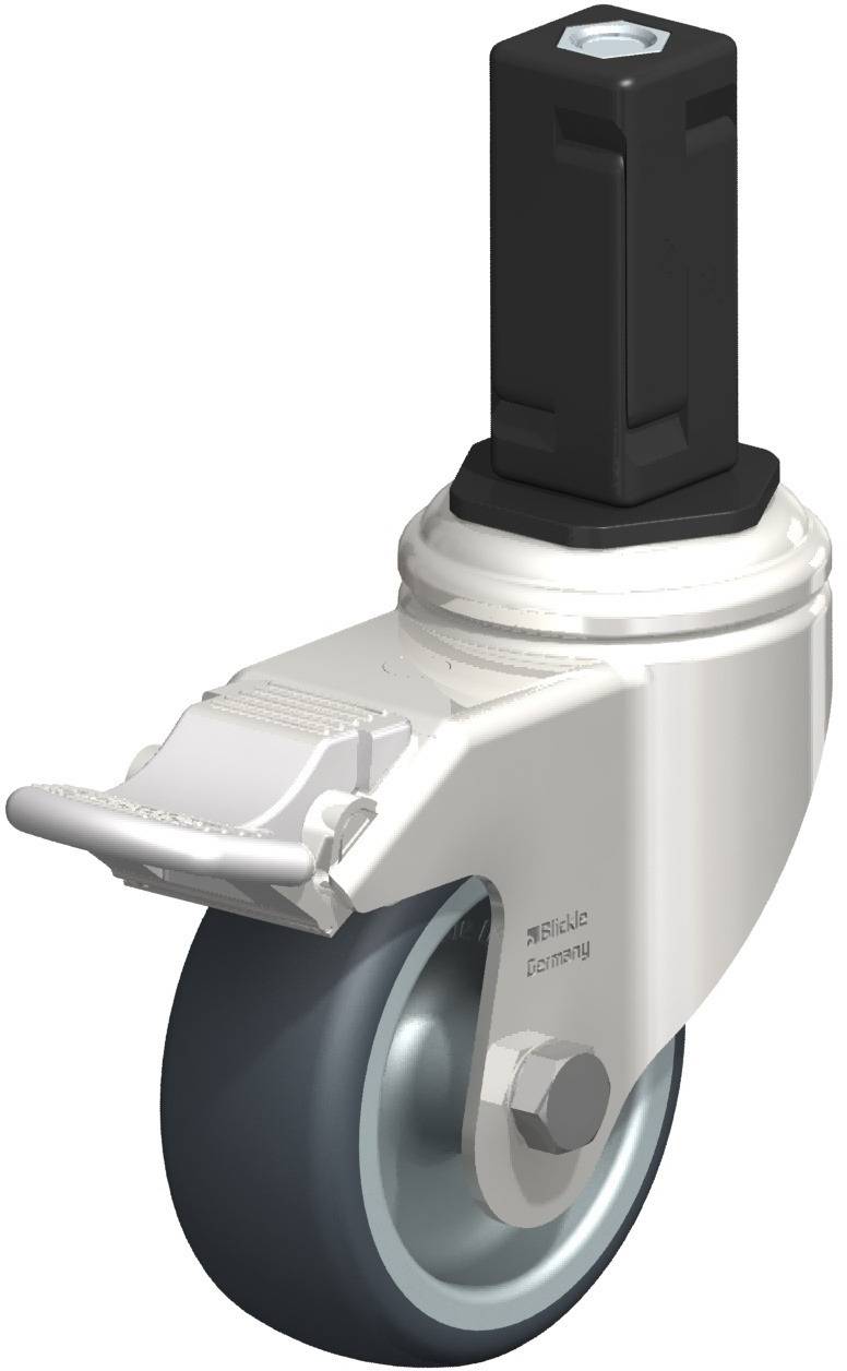 Schwenkrolle mit grauem Rad, schwarzer Befestigungsstift und Bremse. Geeignet für bewegliche Geräte oder Möbel.