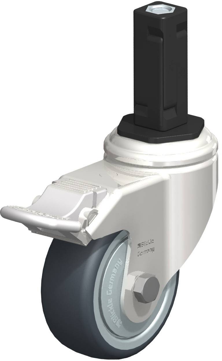 Drehbares Rolle mit grauem Rad, schwarzer Befestigung und Bremssystem, geeignet für Möbel oder Transportgeräte.