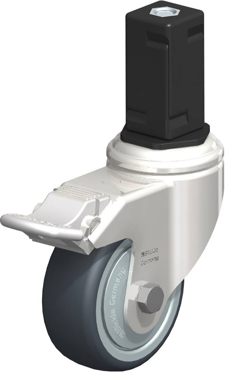 Eine einzelne Industrie-Lenkrolle aus Metall und Kunststoff mit Bremse, geeignet für schwere Lasten in Transport- und Industrieanwendungen.