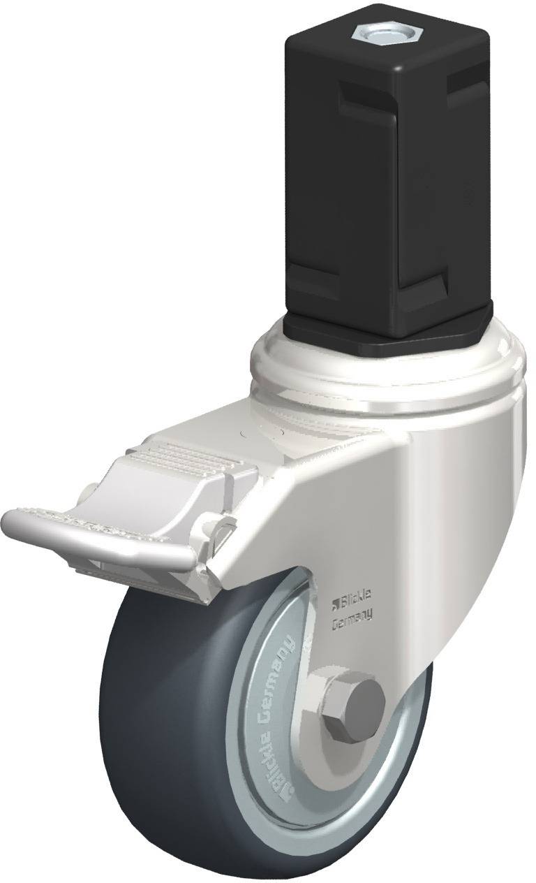 Industrie-Lenkrolle mit schwarzem Gehäuse, grauem Rad und Bremse vorne. Beschriftung auf dem Rad zeigt 'Made in Germany'.