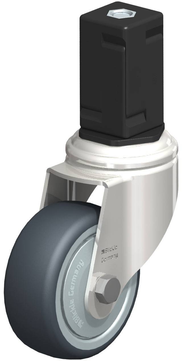 Schwenkrolle mit schwarzer Feststeller, grauer Gummilauffläche und metallischem Gehäuse, geeignet für industrielle Anwendungen.