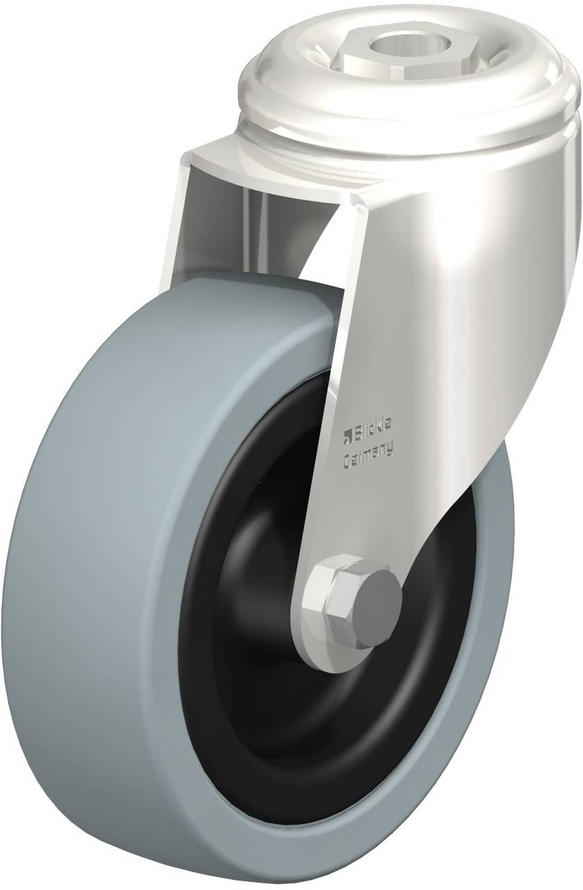 Graues Schwenkrad mit Metallgehäuse und schwarzer Nabe. Reglus, 100 mm Raddurchmesser, für industrielle Anwendungen geeignet.