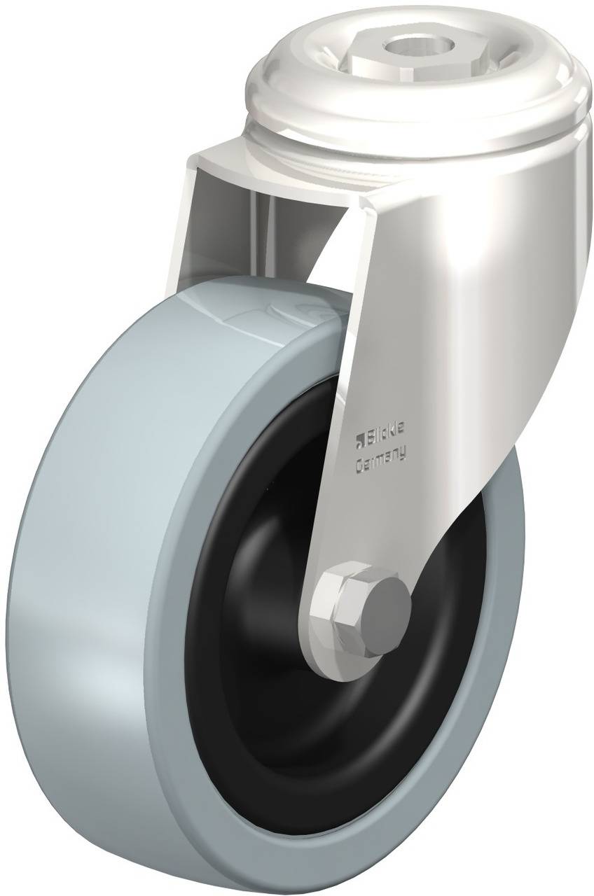 Schwenkrolle mit schwarzem Rad und grauem Reifen, silberne Halterung, geeignet für leichte Transportgeräte.