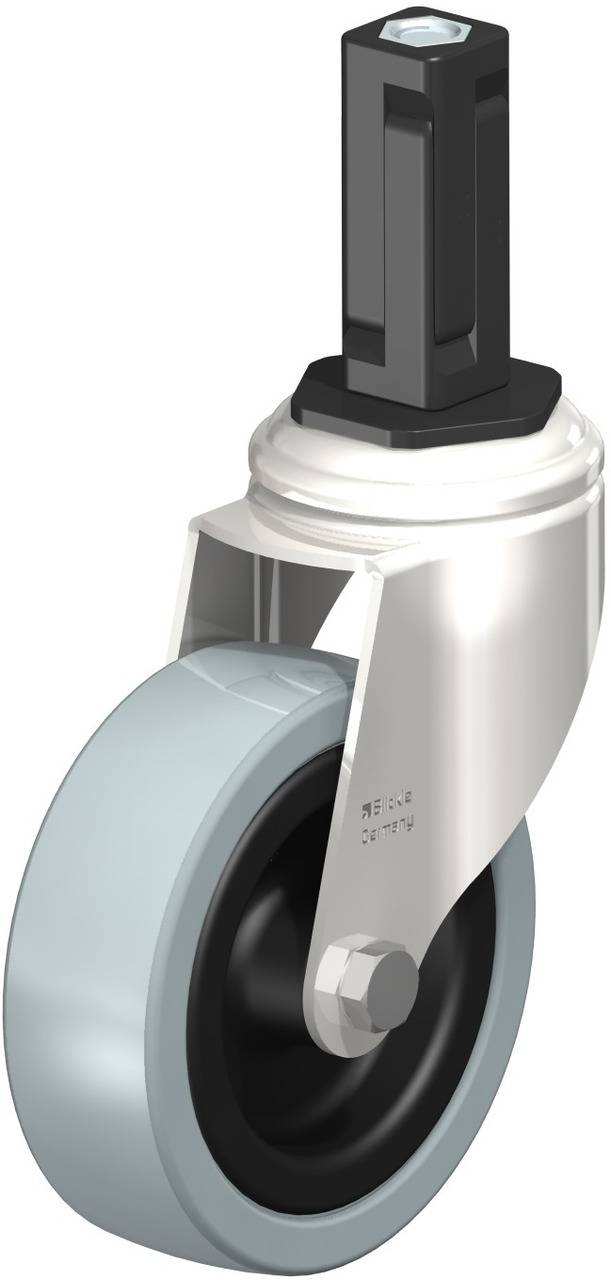 Schwenkrolle mit grauem Rad, schwarzer Achse und silbernem Gehäuse. Geeignet für verschiedene industrielle Anwendungen.