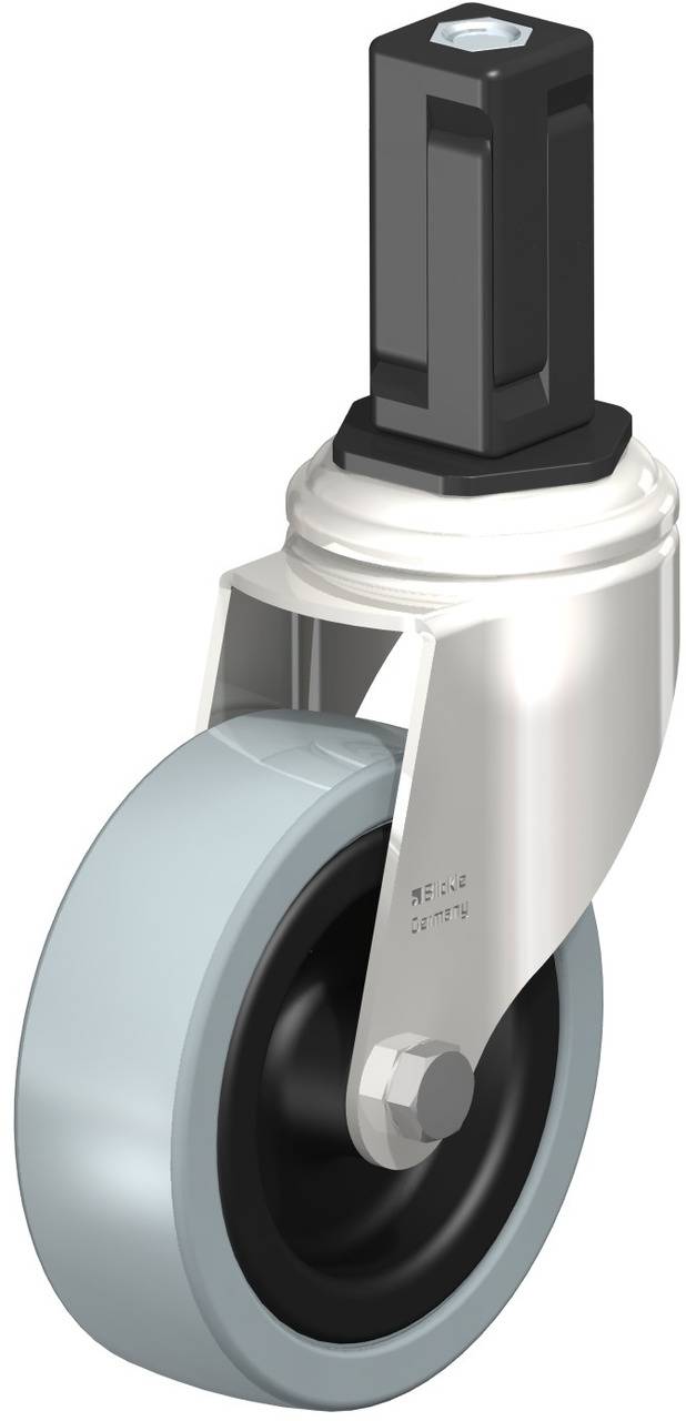 Schwenkrolle mit grauem Rad und schwarzem Befestigungsstück, geeignet für schwere Lasten und industrielle Anwendungen.