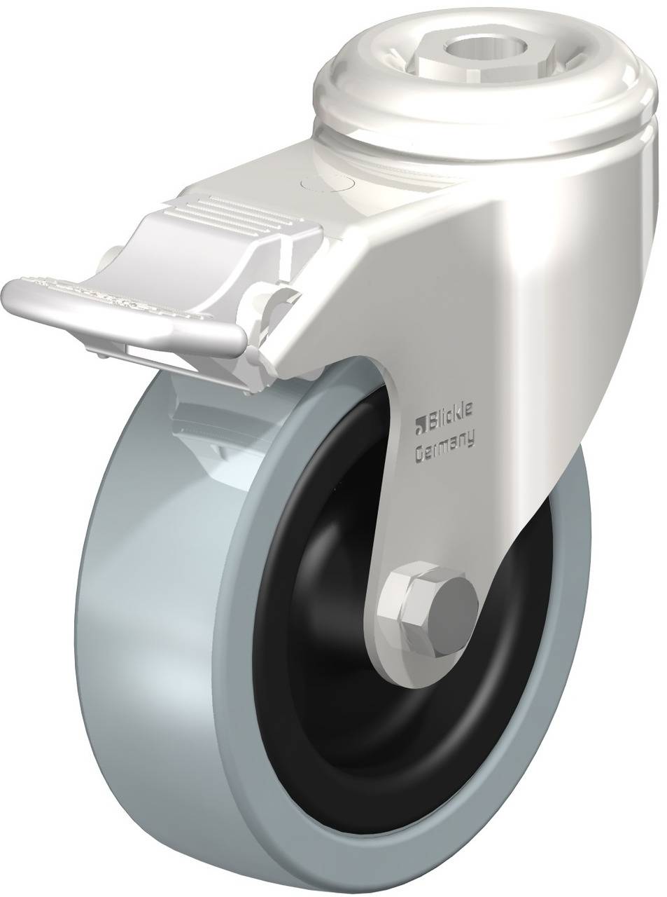 Metallrolle mit schwarzem Rad und grauem Gehäuse, geeignet für schwere Lasten. Markenname 'Blickle Germany' auf der Seite.