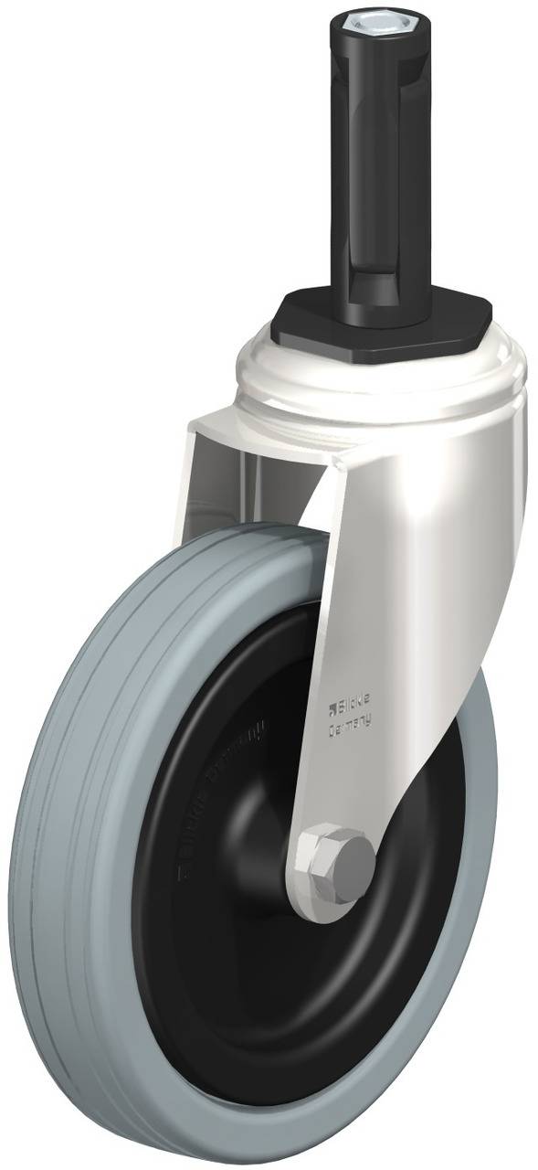 Lenkrolle mit grauem Rad und schwarzer Halterung, geeignet für Möbel oder Transportgeräte. Enthält einen Bolzen zur Befestigung.