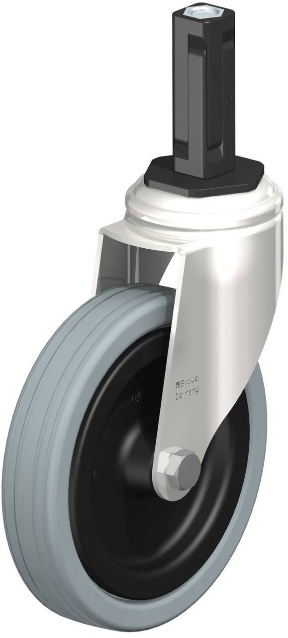 Ein graues drehbares Rad mit schwarzer Metallhalterung und sechseckiger Befestigung. Ideal für Transportgeräte oder Möbel.