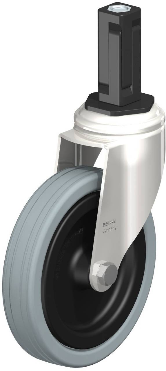 Metallrollenkonstruktion mit grauem Rad und schwarzer Montagehalterung, geeignet für Möbel oder Transportwagen.