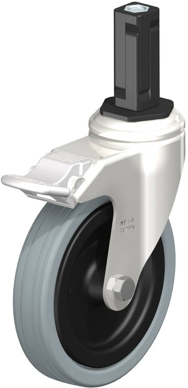 Drehbares Rad mit grauer Gummibereifung und schwarzem Kunststoffoberteil, geeignet für Möbel oder Transportgeräte.