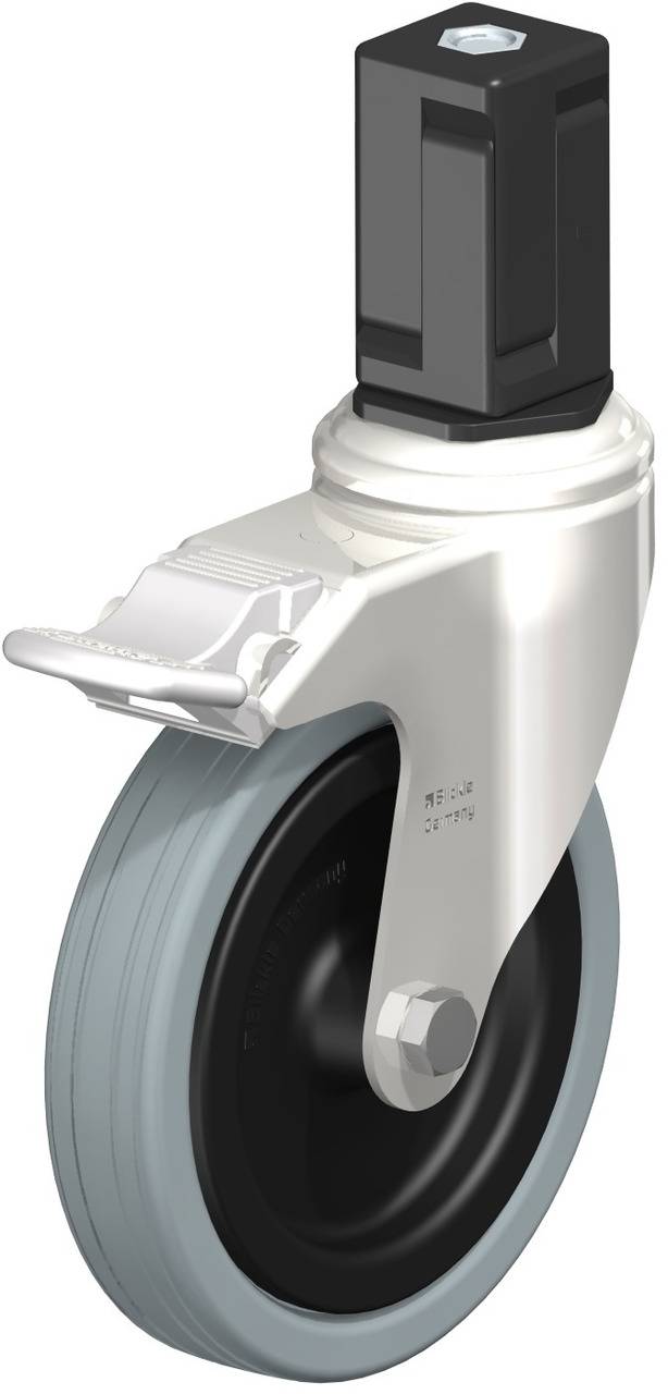 Dargestellt ist eine einzelne Industrie-Lenkrolle mit Bremse, grau-schwarzer Gummireifen und Metallhalterung.