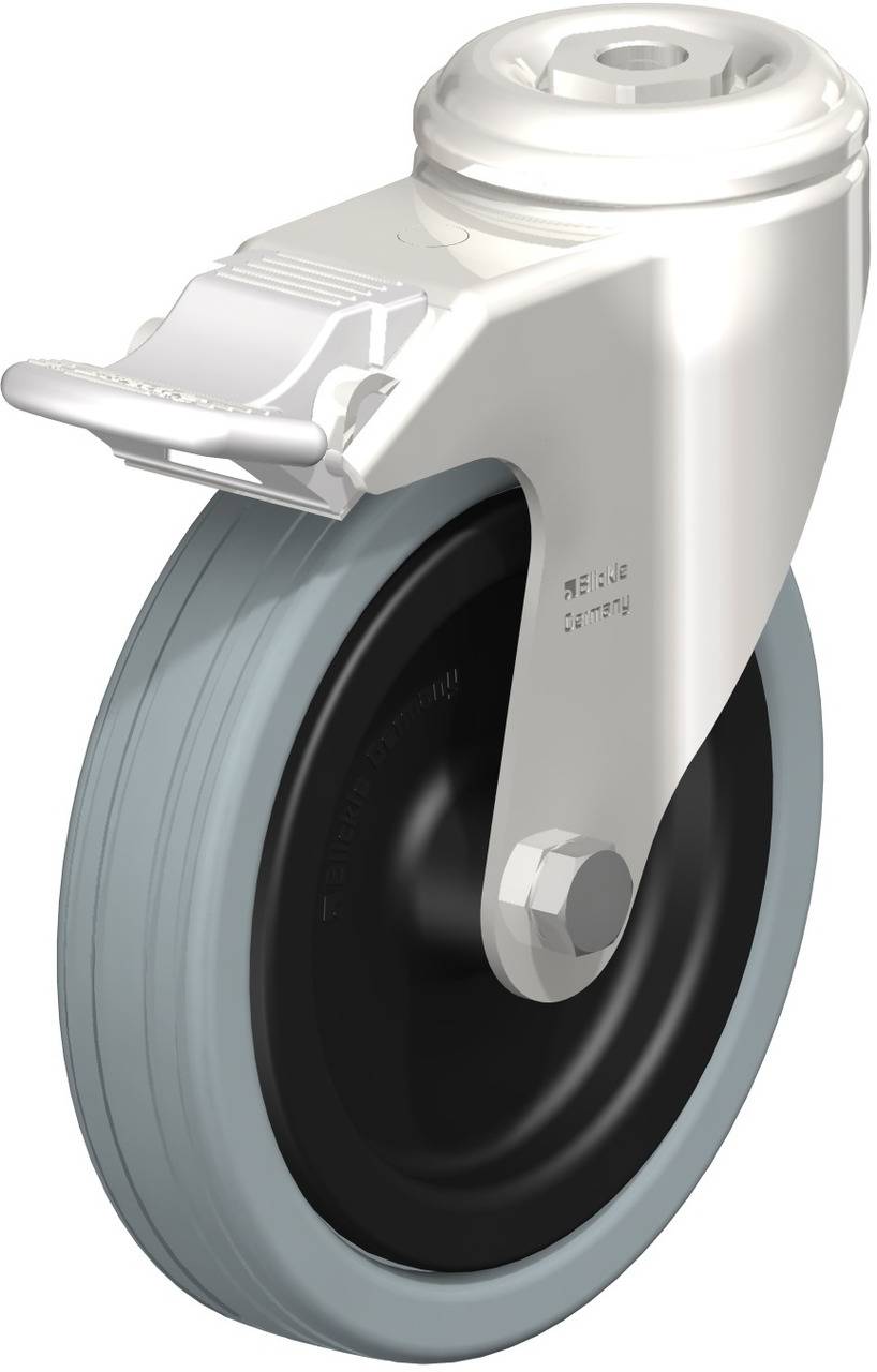 Ein einzelnes Industrierad mit grauem Gummireifen und metallischer Halterung, geeignet für Maschinen oder Transportwagen.