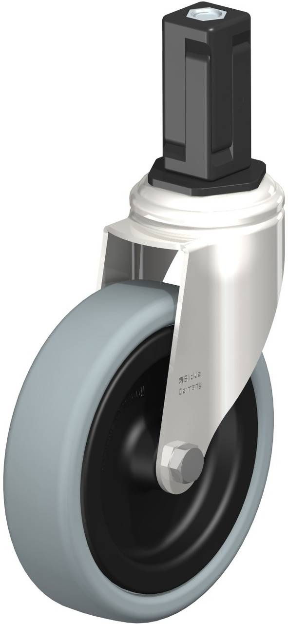 Ein einzelnes Transportrollenrad mit schwarzem Reifen und grauem Gehäuse, geeignet für industrielle Anwendungen.