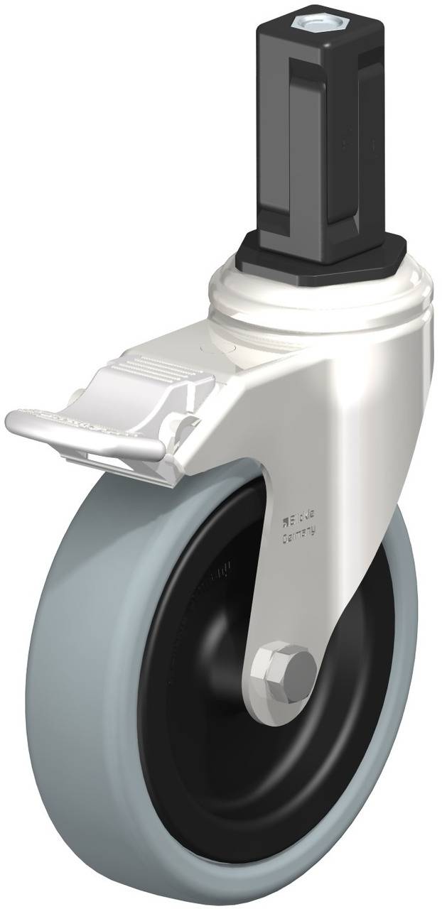 Industrie-Rolle mit schwarzem Halter und grauem Rad, für schwere Lasten. Robust, häufig für Industriewagen oder Maschinen verwendet.