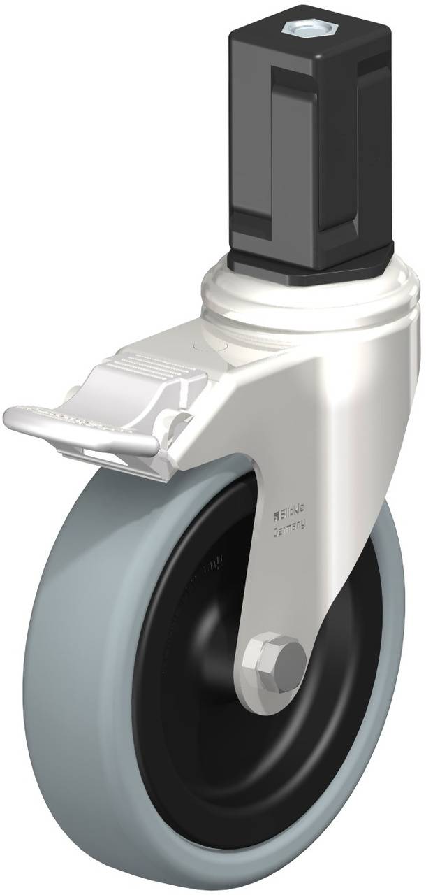 Ein einzelnes industrielles Schwenk-Rad mit grauem Reifen und schwarzem Gehäuse, geeignet für schwere Lasten und vielseitige Anwendungen.