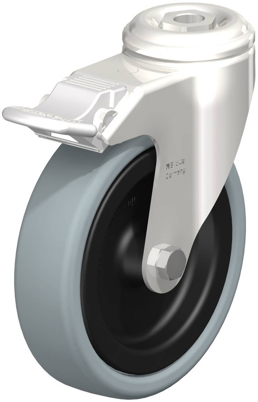 Metallrolle mit grauem Gummirad, geeignet für Möbel oder Transportgeräte. Die Rolle hat eine Halterung und ist schwenkbar.