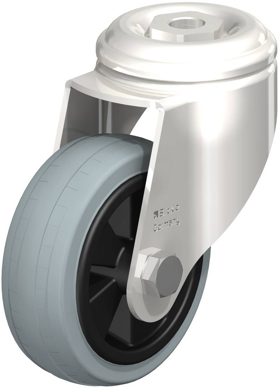 Ein einzelnes Schwenkrolle mit grauem Rad und silbernen Halterung. Das Rad hat ein schwarzes Zentrum und eine glatte Oberfläche.