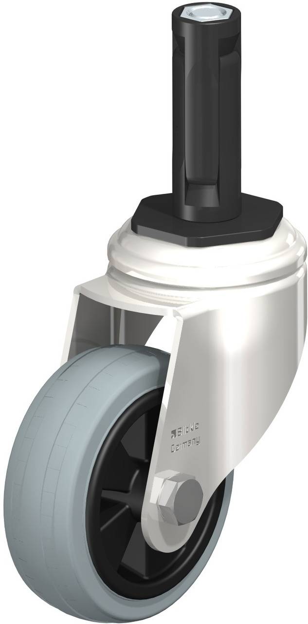 Grauer Schwenkrollen-Stuhlstoßdämpfer mit schwarzem Zentralteil und silberner Halterung, für Büromöbelmontage geeignet.