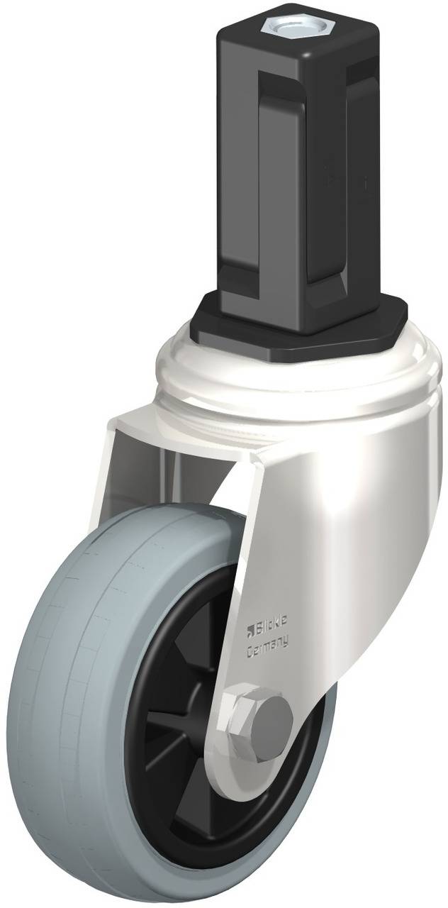 Einfaches Rad aus Metall und Kunststoff mit grauem Reifen und schwarzer Halterung, verwendet für Möbel oder Geräte zum einfachen Bewegen.