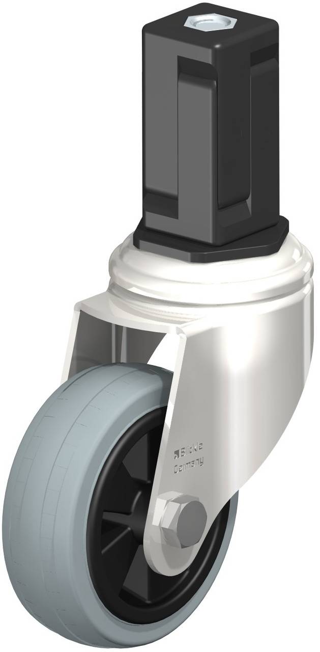 Industrie-Lenkrolle mit grauem Rad und schwarzem Drehgelenk, geeignet für schwere Lasten.