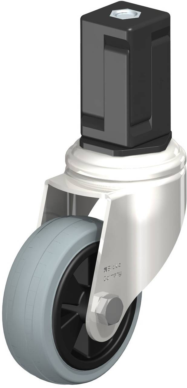 Industrielle Apparaterolle mit schwarzem Metallgehäuse oben und grauem Rad unten.