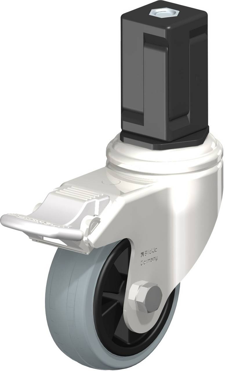 Lenkrolle mit feststellbarem Mechanismus und grauem Rad. Entwickelt für hohe Traglasten, ideal für Möbel oder Industrieausrüstungen.