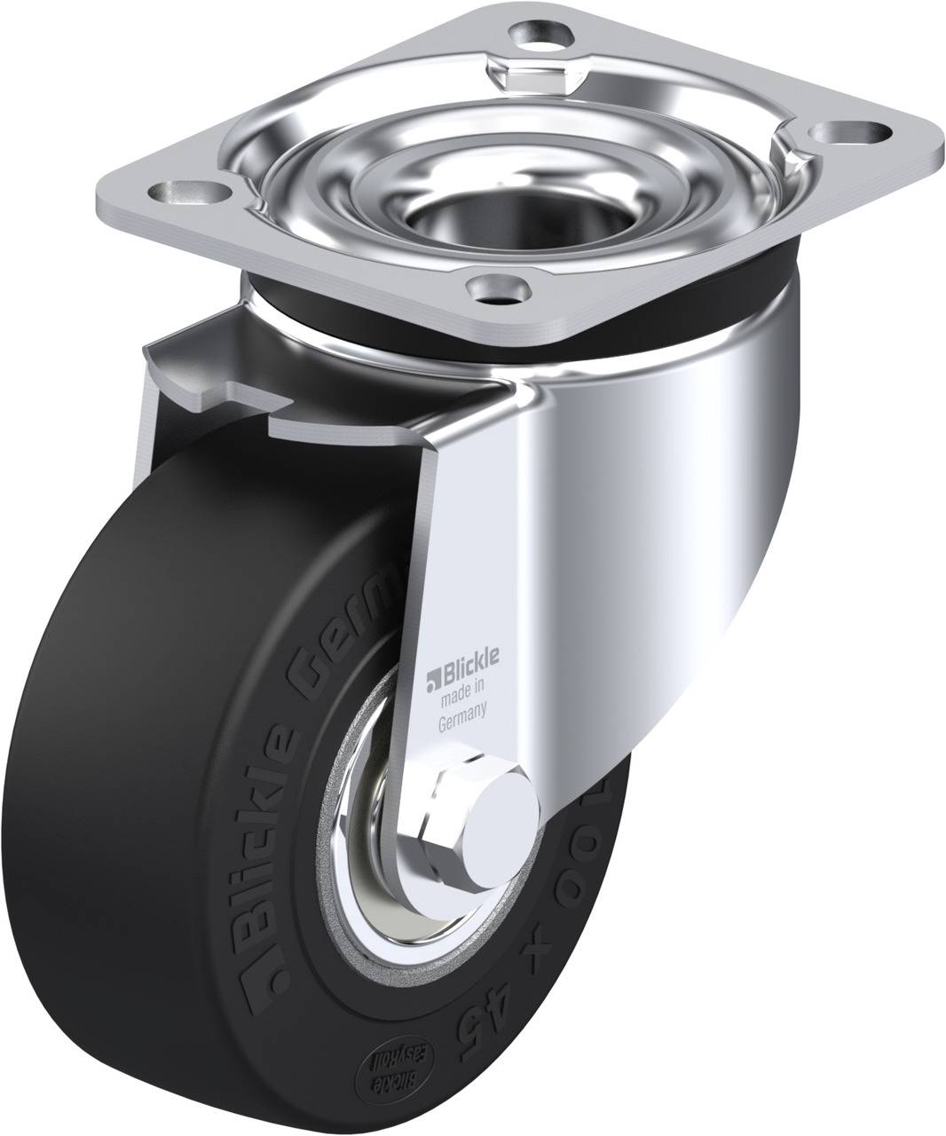 Schwenkrolle mit schwarzem Rad und silbernem Gehäuse, mit einer rechteckigen Montageplatte oben.