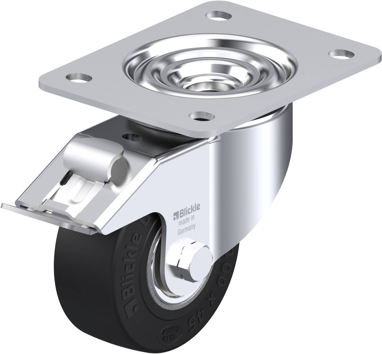 Metallrad mit schwarzem Gummi, glänzender Halterung und rechteckiger Montageplatte. Geeignet für Möbel oder Ausrüstung.