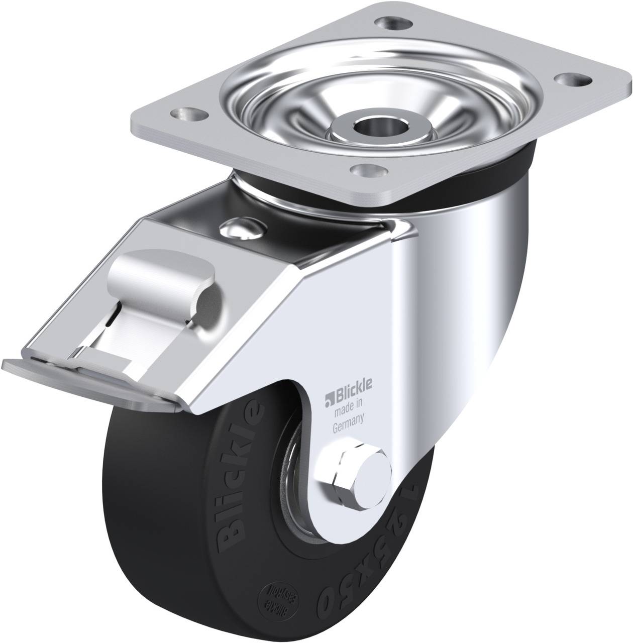 Lenkrolle aus Metall mit schwarzem Rad und Befestigungsplatte, geeignet für Möbel oder industrielle Anwendungen.