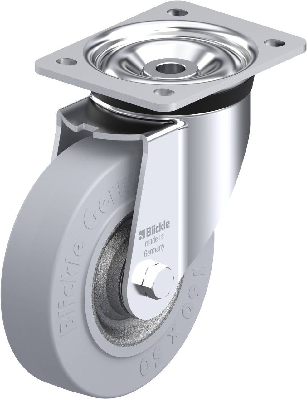 Schwenkrolle mit grauem Rad, Metallgehäuse und Befestigungsplatte, geeignet für Möbel oder leicht bewegliche Geräte.