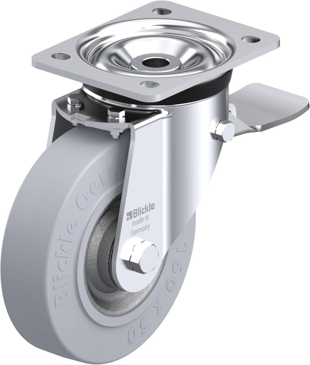 Ein silbernes Lenkrolle mit grauem Rad, montiert auf einer Metallplatte. Text 'Blickle' und 'Made in Germany' auf der Rolle sichtbar.