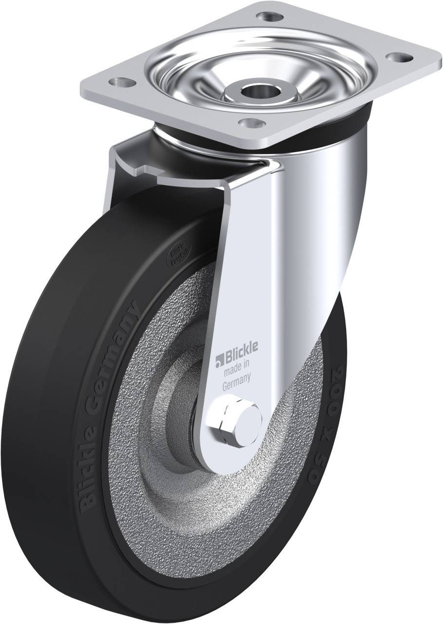 Industrie-Schwenkrolle mit schwarzem Rad, silbernem Metallgehäuse und Montageplatte, geeignet für schwere Lasten.