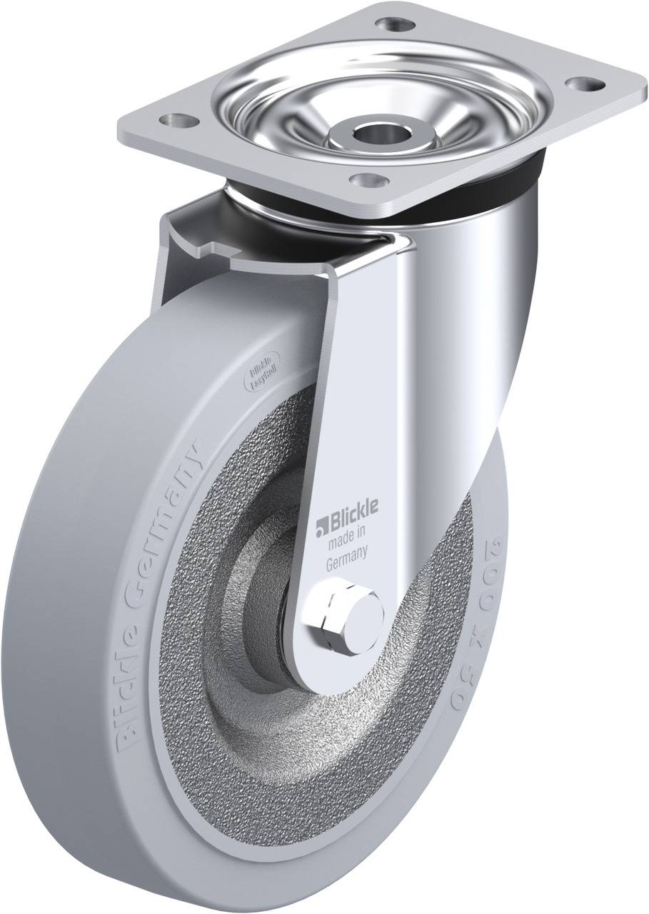 Industrie-Schwenkrolle aus Metall mit grauem Gummirad, geeignet für den Einsatz in Werkstätten oder auf Fertigungsböden.