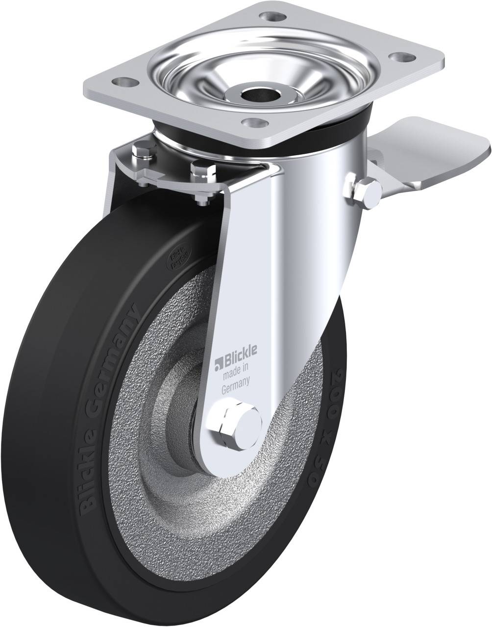 Metall-Lenkrolle mit schwarzem Rad und Feststellbremse, montiert auf einer quadratischen Metallplatte zur Befestigung an einem Objekt.