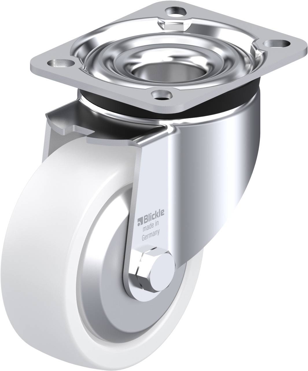 Lenkrolle aus Metall mit weißem Rad und Montagesockel, ideal für Transportgeräte. Robust und für Industrielle Anwendungen geeignet.