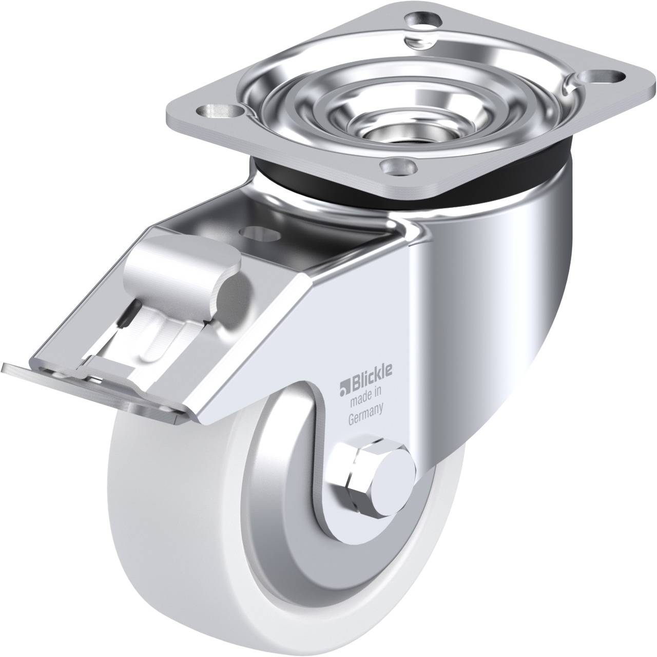 Ein silbernes Lenkrolle mit einer weißen Gummilauffläche und Befestigungsplatte, hergestellt in Deutschland.
