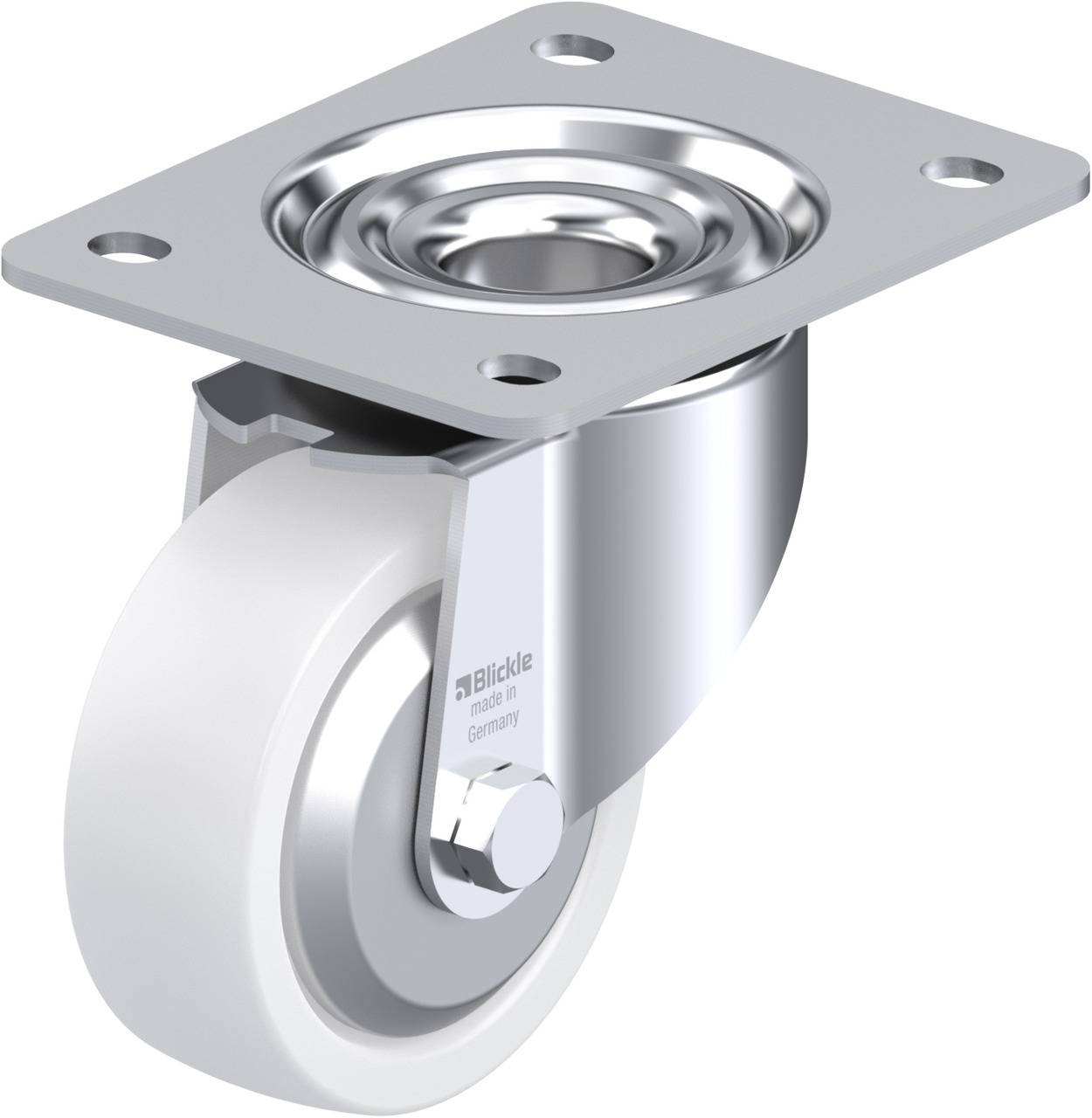 Metallisches Lenkrolle mit weißem Rad und Befestigungsplatte, geeignet für industrielle Anwendungen oder Möbel.