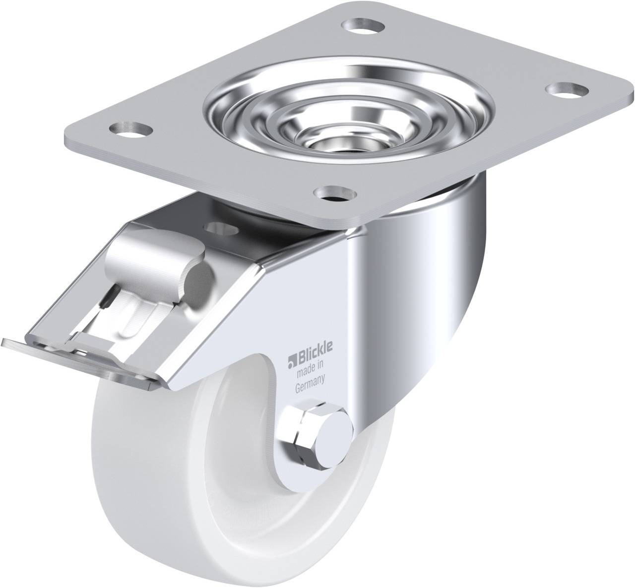 Rollenlager mit rechteckiger Metallplatte und weißem Rad, geeignet für Möbel oder Transportwagen, robust und drehbar.