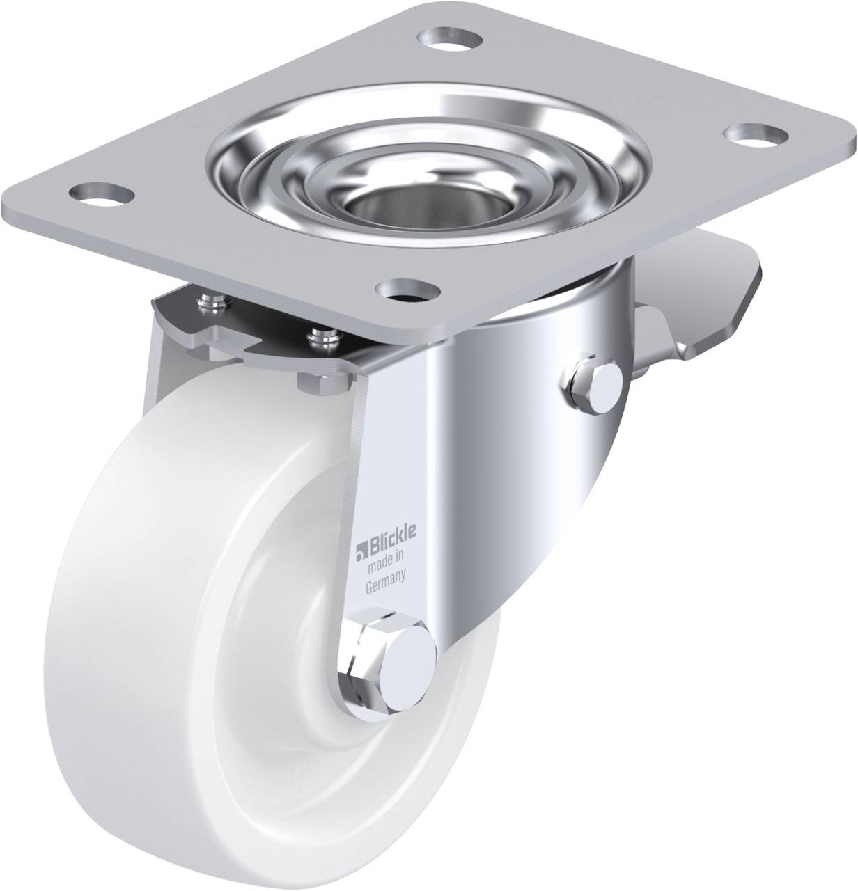 Schwenkrolle mit weißem Rad und silbernem Metallgehäuse, geeignet für Möbel oder Geräte, bietet flexible Beweglichkeit.